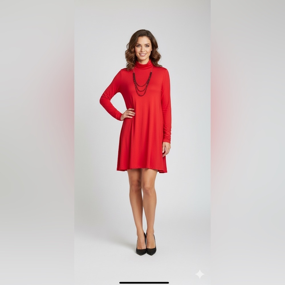 Red Turtleneck Solid Pocketed Dress